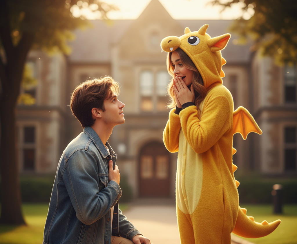 Man confessing his love to a woman in a yellow dragon costume