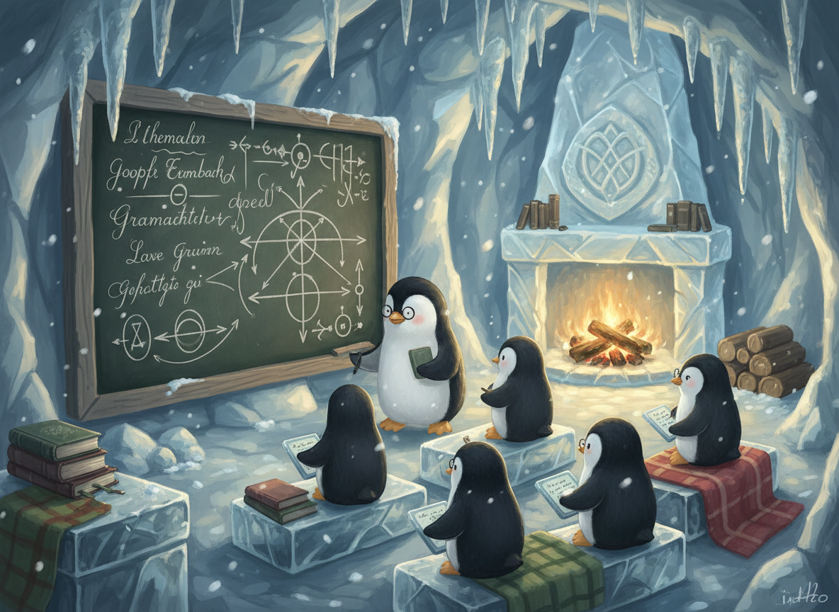 Penguin professor teaching grammar
